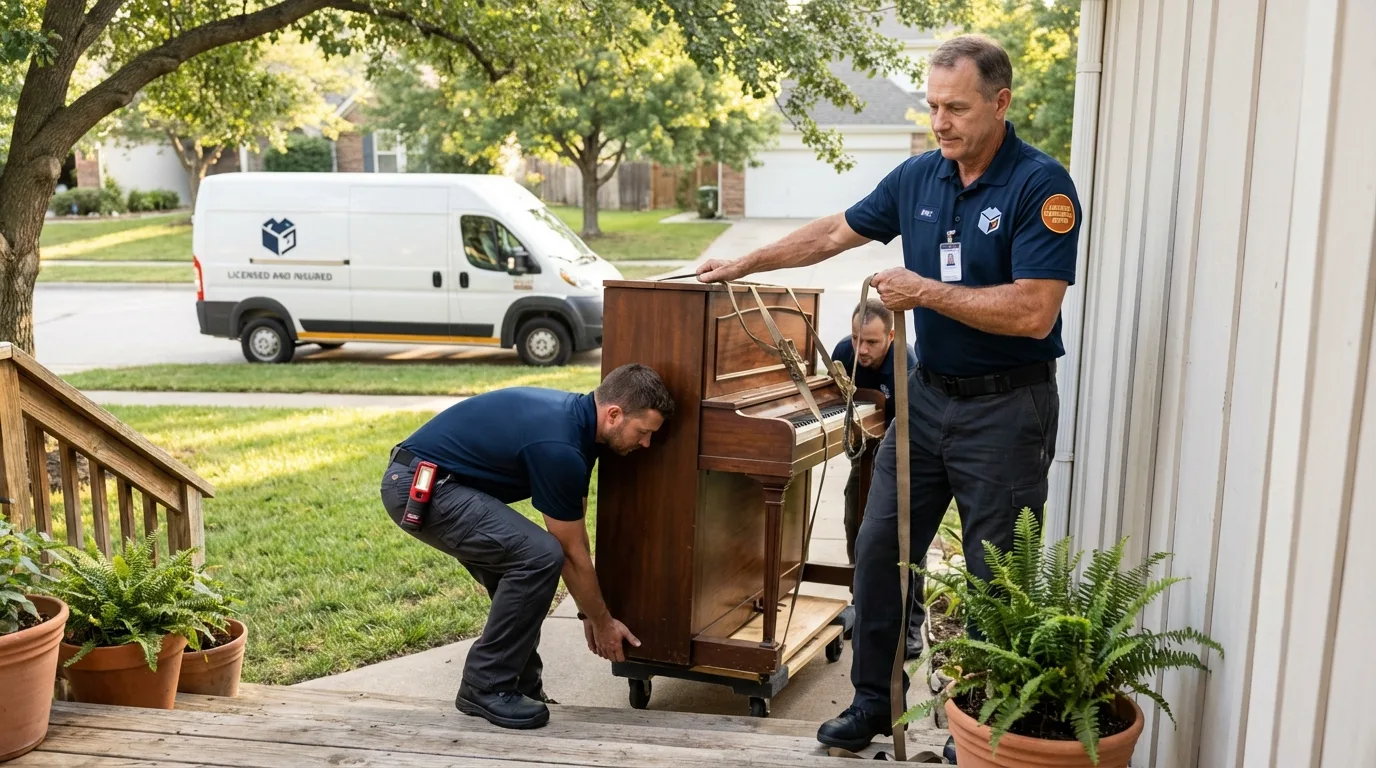 Licensed piano movers securing grand piano in Milton, NY
