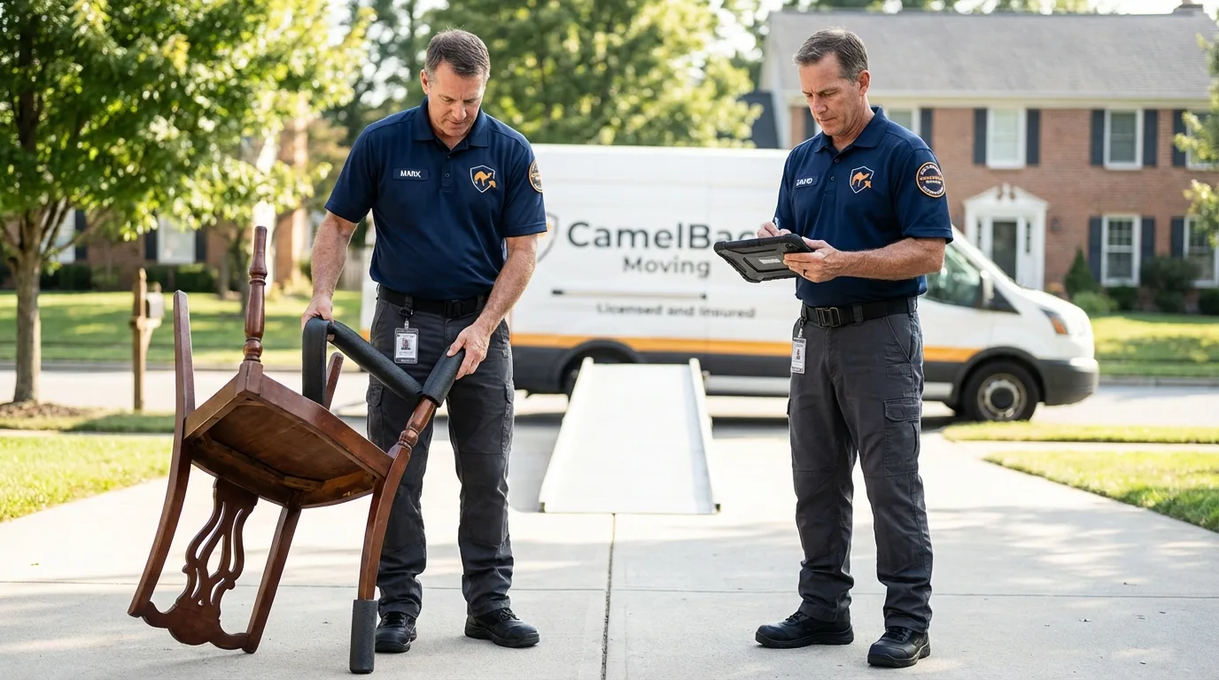 Movers inspecting furniture for damage prevention before loading in Milton, NY
