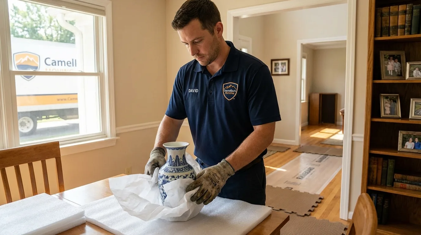 Professional crew carefully wrapping antique vase for senior downsizing move in Milton, NY